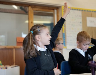 Image of pupil with hand up